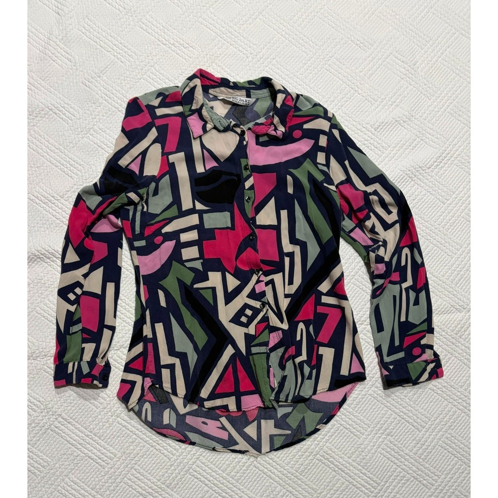Big Dart Women's Geometric Abstract Colorful Blouse LS 1980s Collar Size S/6